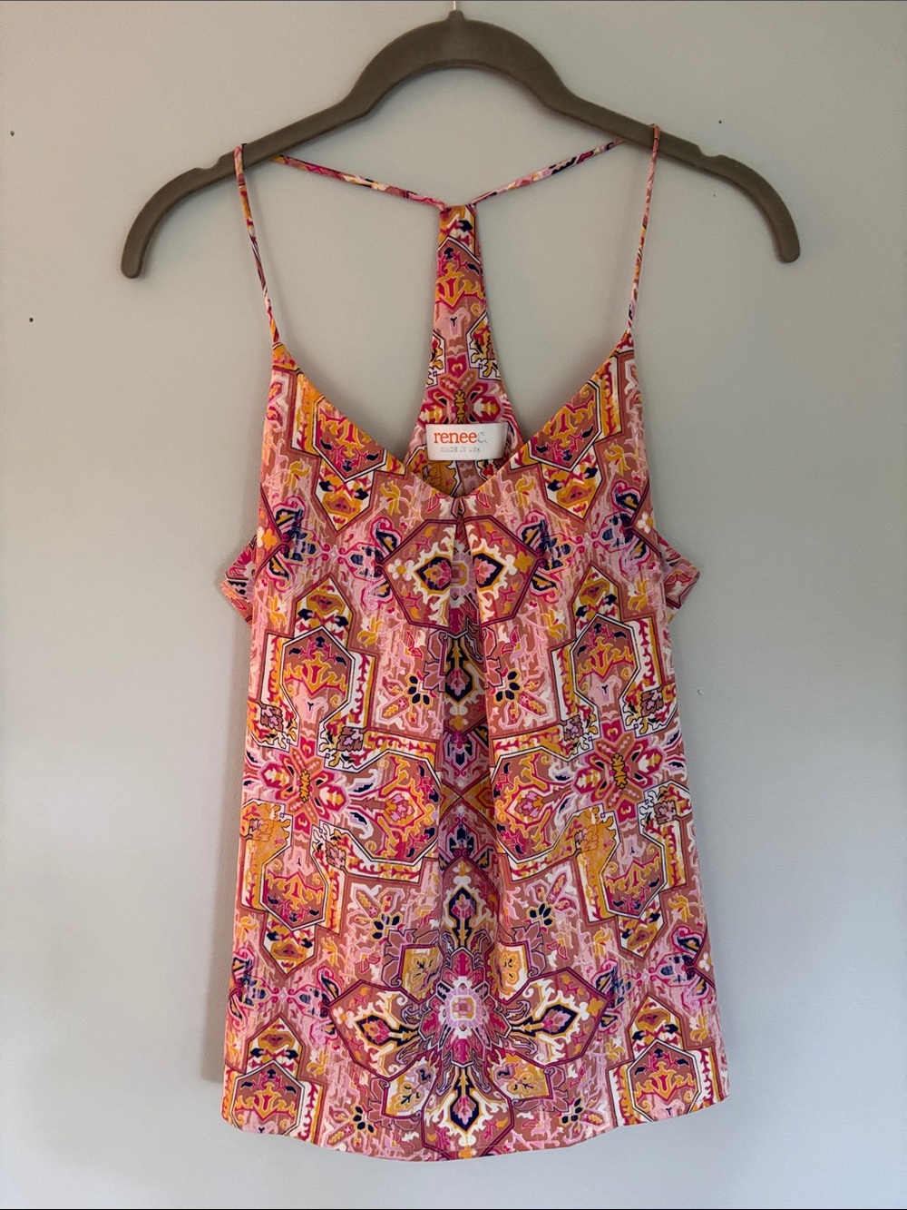 Renee C. Pink & Yellow Patterned Racerback Tank